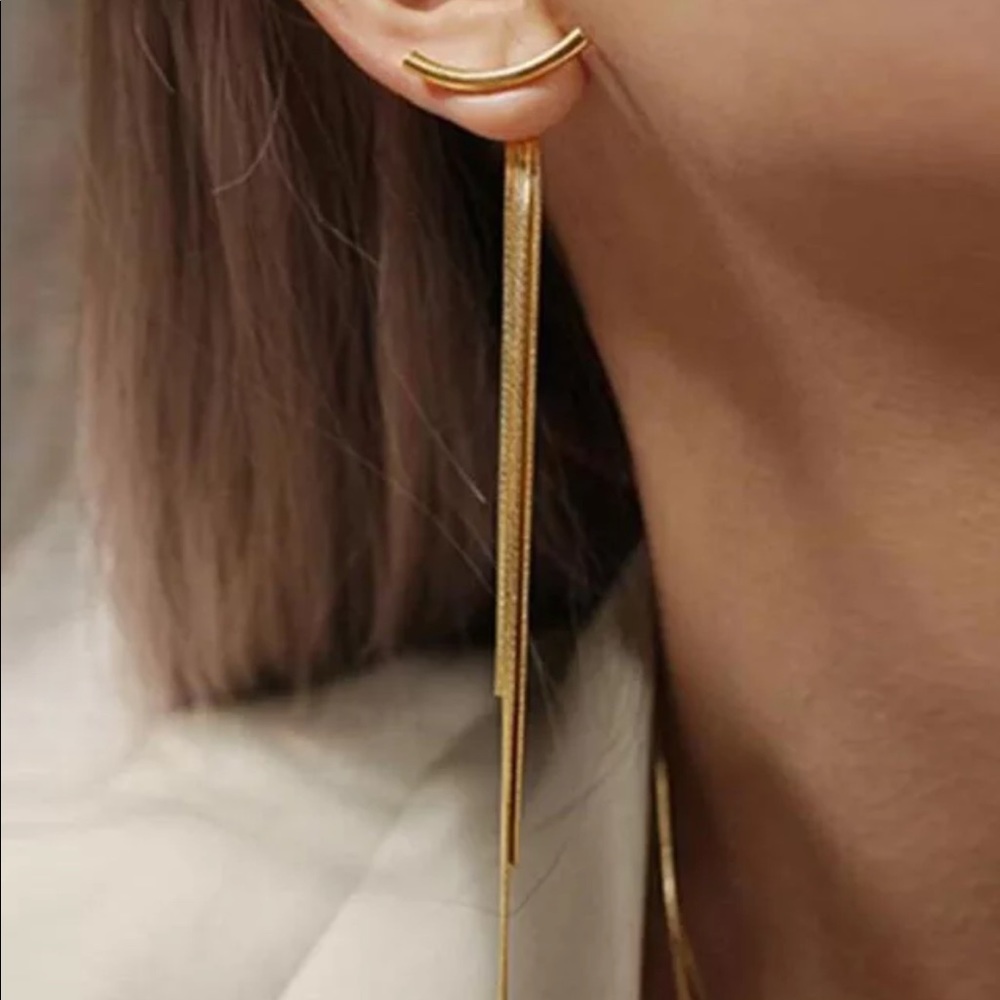 TASSEL 18K GOLD BAR LONG ARK EARRINGS, NICE EARRINGS, CUTE EARRINGS - Picture 2 of 7